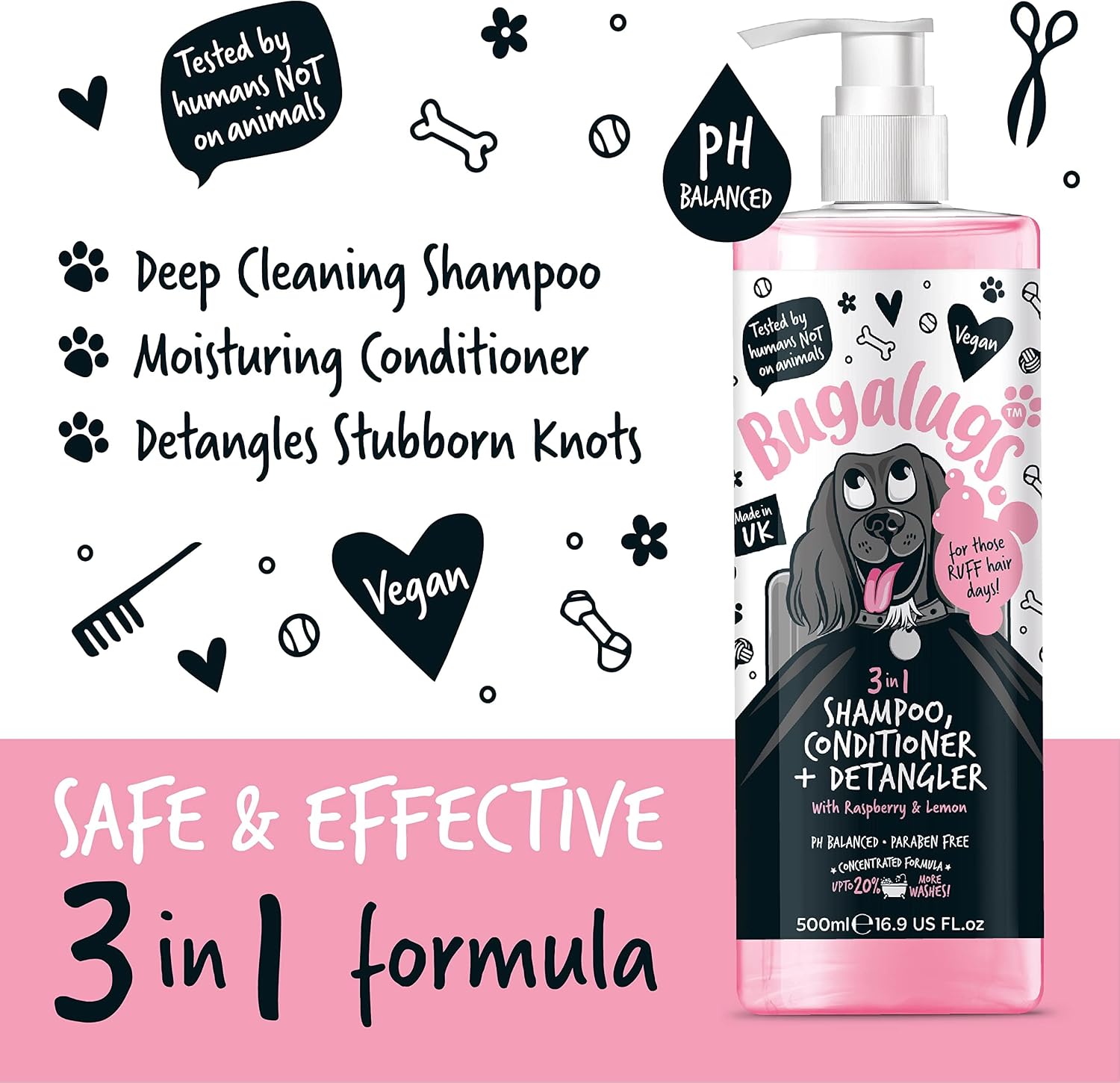 BUGALUGS Hundeshampoo 3‑in‑1 Reinigung Pflege Entwirrung Himbeer Zitrone -5
