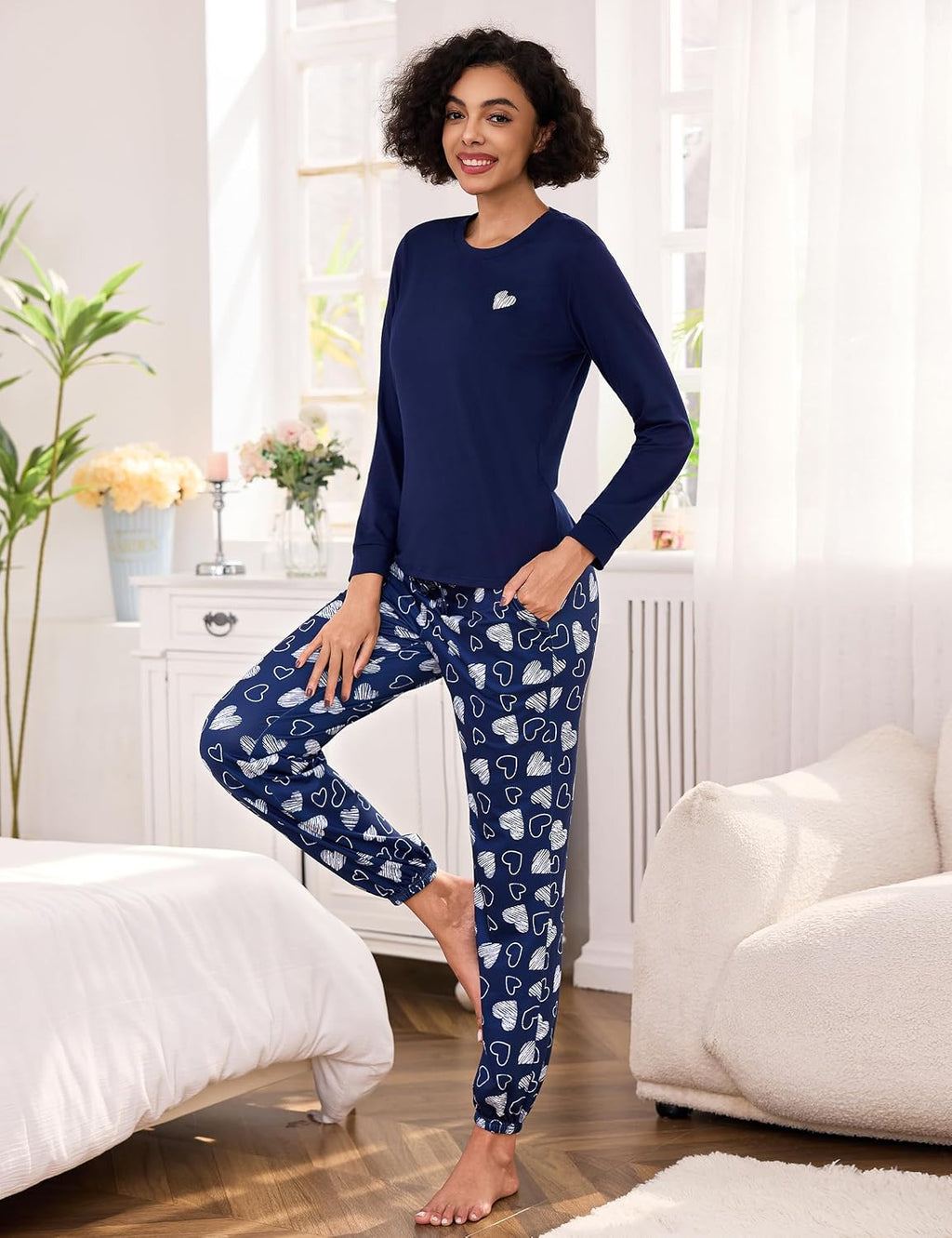 Damen Schlafanzug lang Baumwolle Winter Pyjama Set Herz‑Print Tasche S-XXL