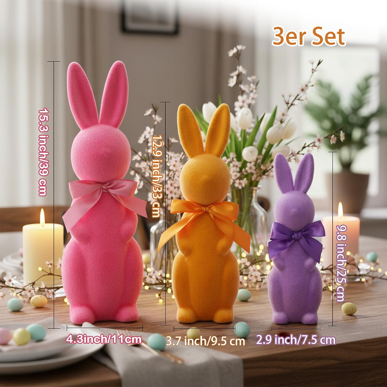 Deko Hasen 3er Set pastell flauschig Tischdeko Osterhase Figuren
