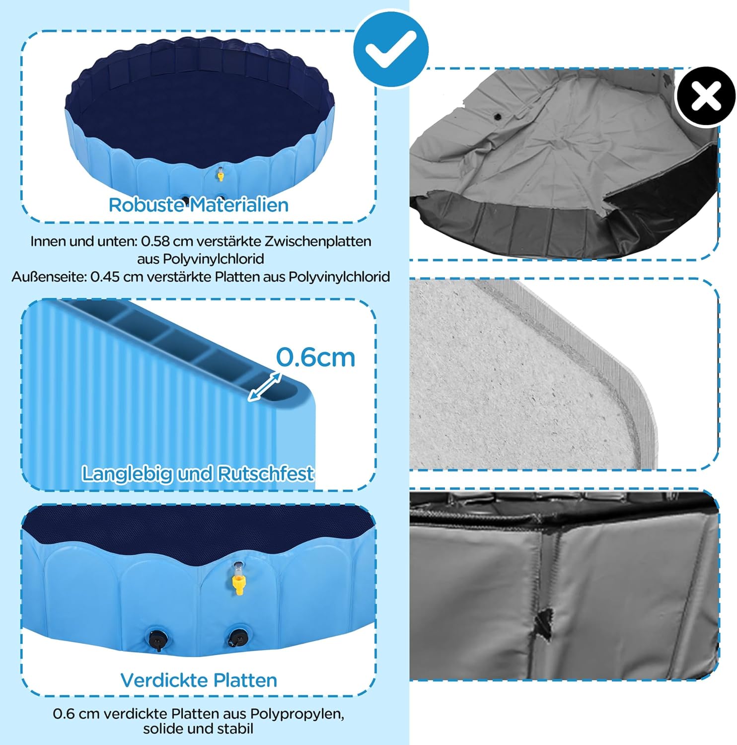 Yaheetech Hundepool 180 cm faltbar, 0,6 cm verdickt, rutschfest, Blau, 33cm