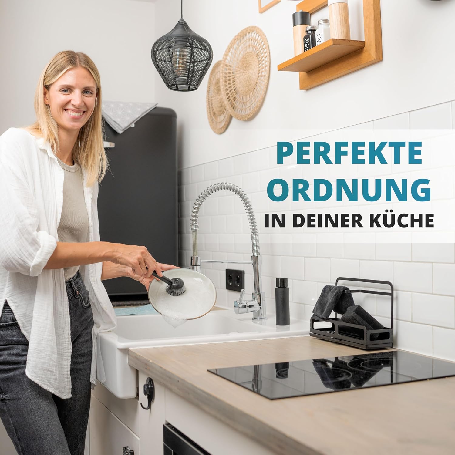 Spuelbecken Organizer Set Edelstahl mit Buerste und Schwammablage, schwarz
