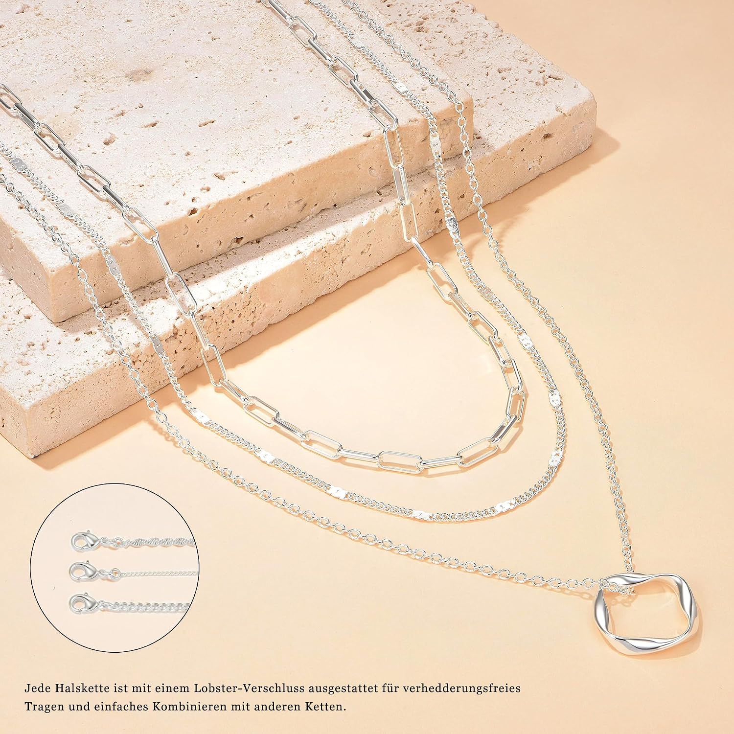 Layered Halsketten Set Damen 3 Stueck Silber 925 Gold beschichtet verstellbar