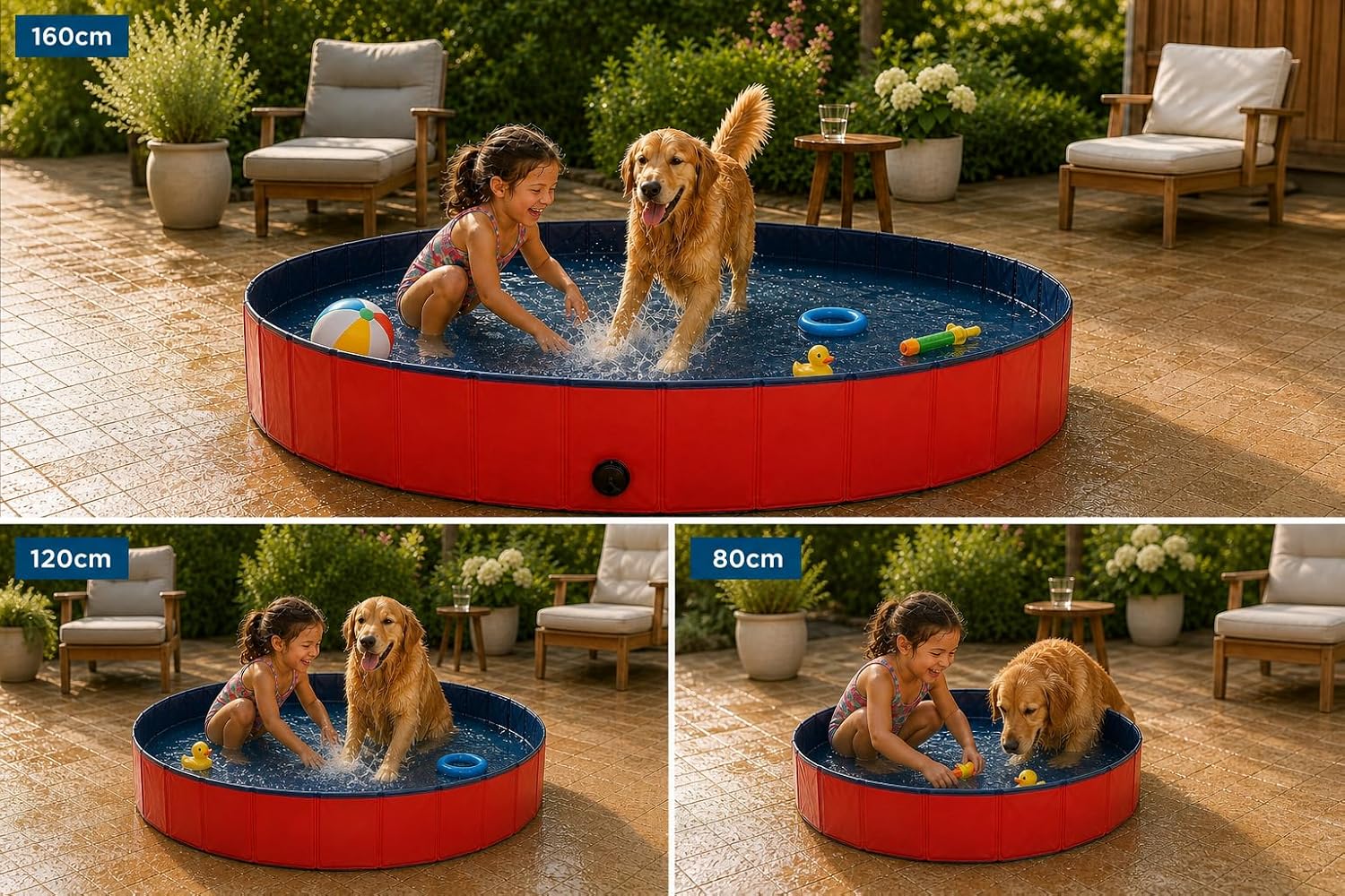 lionto Hundepool faltbar Ø 160 cm Hoehe 30 cm PVC kratzfest Anti-Rutsch Blau/Rot