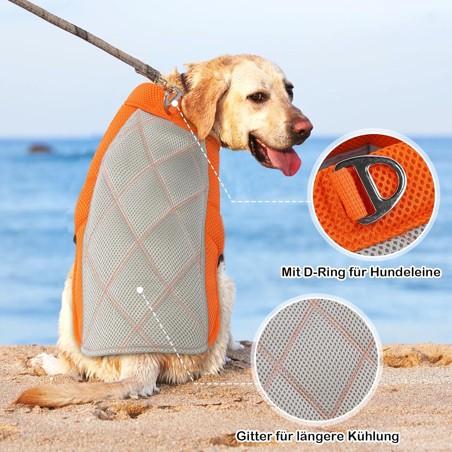 Kuehlweste Hund Anthrazitgrau Gr. M Kuehlgeschirr mit D-Ring Sonnenschutz XS-XXL