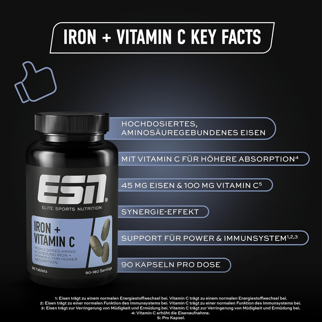 ESN Iron + Vitamin C 90 Tabletten Eisen Nahrungsergaenzung made in Germany