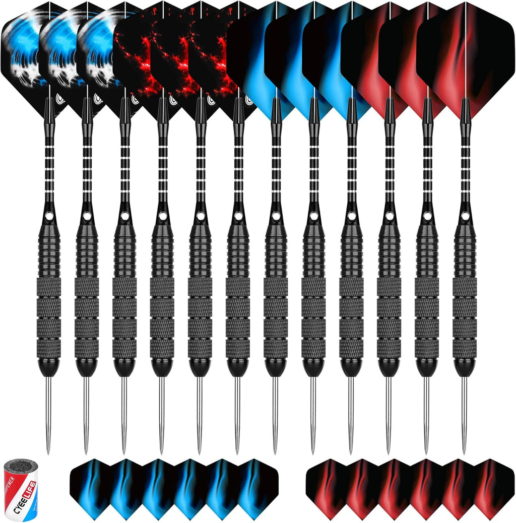 Cyeelife Steeldarts Metallspitze 22 g 12er Set mit 24 Flights und Sharpener