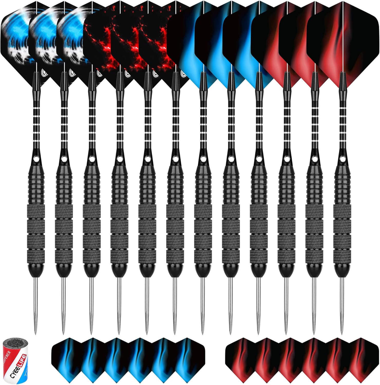 Cyeelife Steeldarts Metallspitze 22 g 12er Set mit 24 Flights und Sharpener