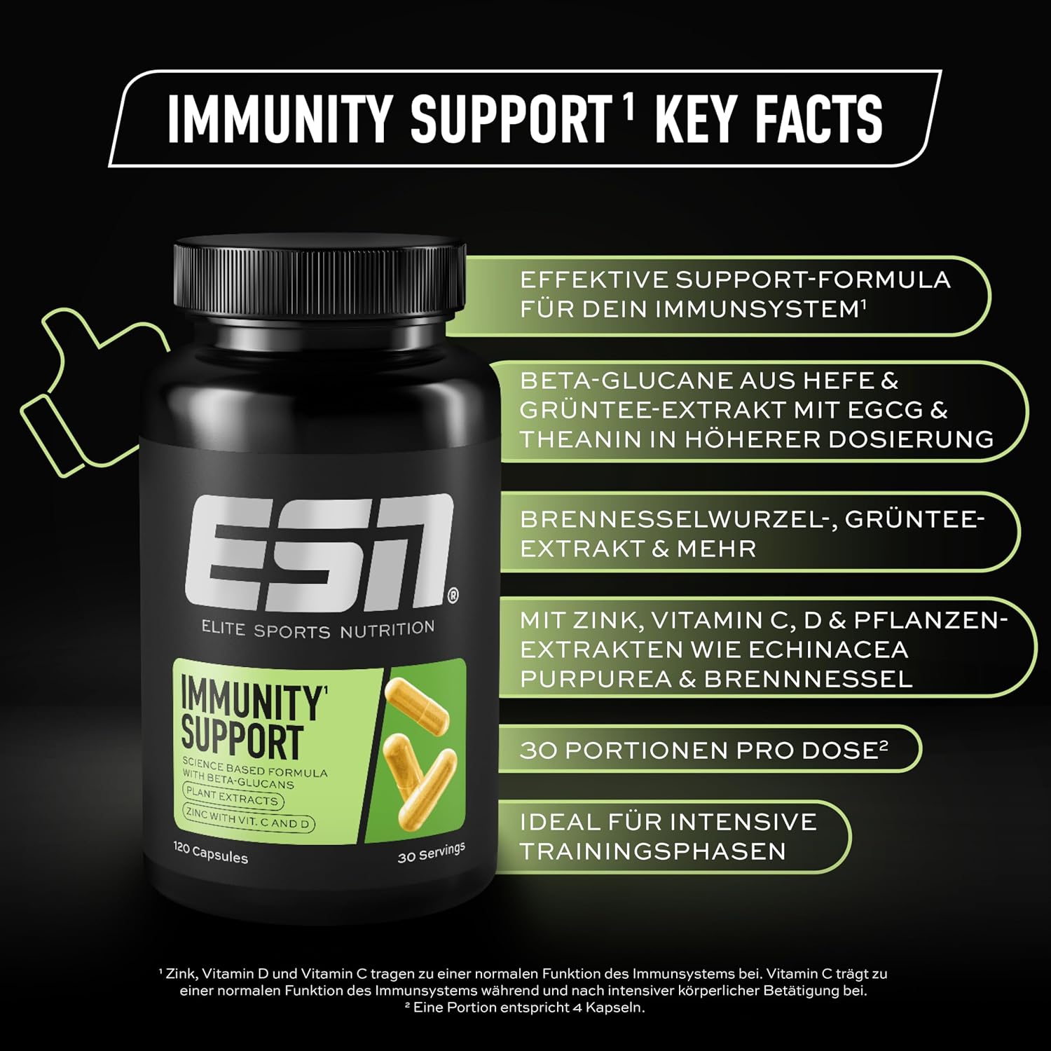 ESN Immunity Support 120 Kapseln 30 Portionen mit Pflanzenextrakten Zink Vitamin