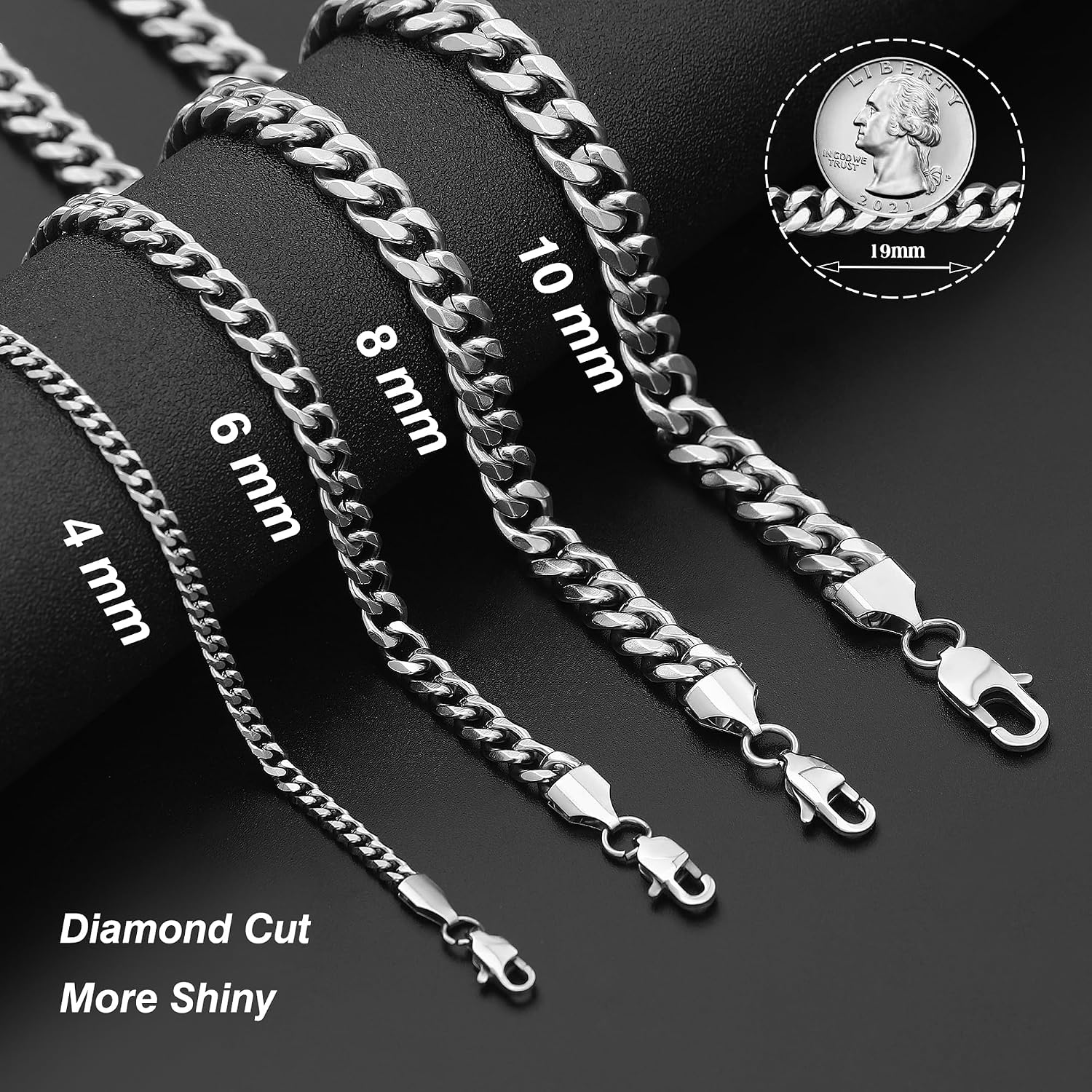 FUNEIA Herren Panzerkette Edelstahl Silber Cuban Chain 46cm-61cm