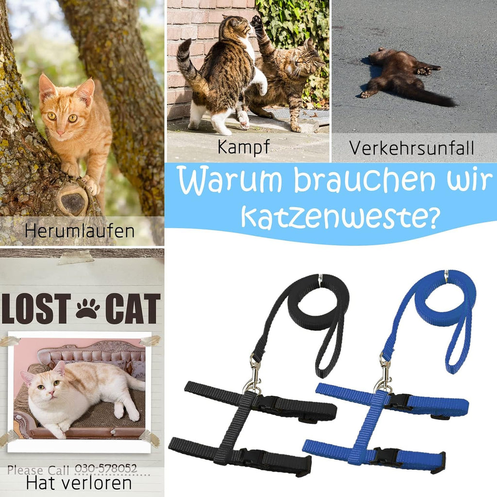 2er Set Katzengeschirr Nylon verstellbar mit Leine Blau Rosa Kaetzchen