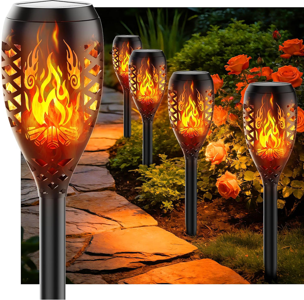 6er Set Solar-Gartenfackeln Streichholz-Design IP65 wasserdicht Wegbeleuchtung