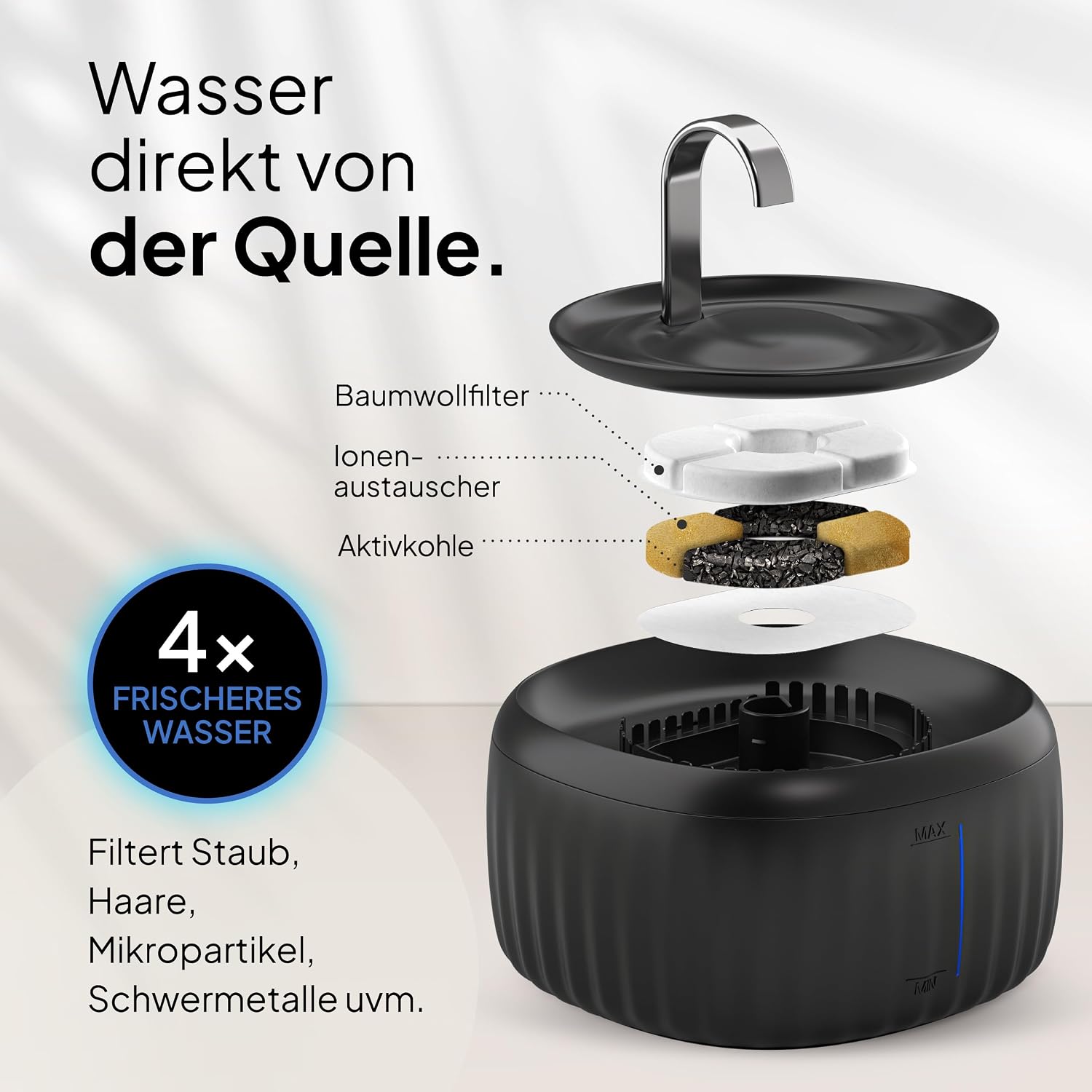 PrettyPaw Katzenbrunnen 3L leise BPA-frei mit LED und Aktivkohlefilter Schwarz