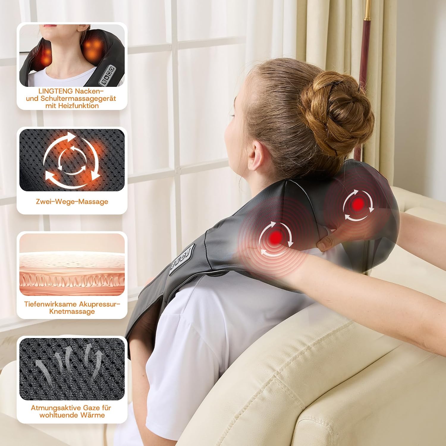 Shiatsu Nackenmassagegeraet elektrisch mit Waerme fuer Nacken Schulter Ruecken