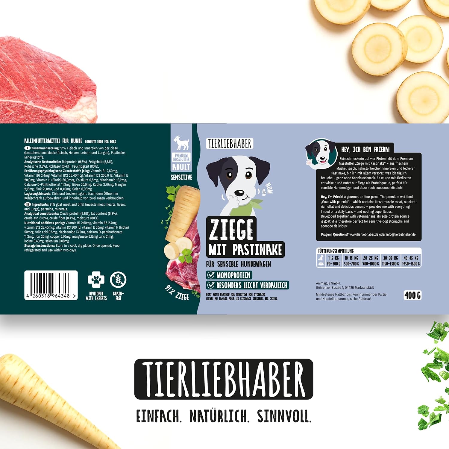 Tierliebhaber Hundefutter Nass Ziege mit Pastinake 91% Fleisch