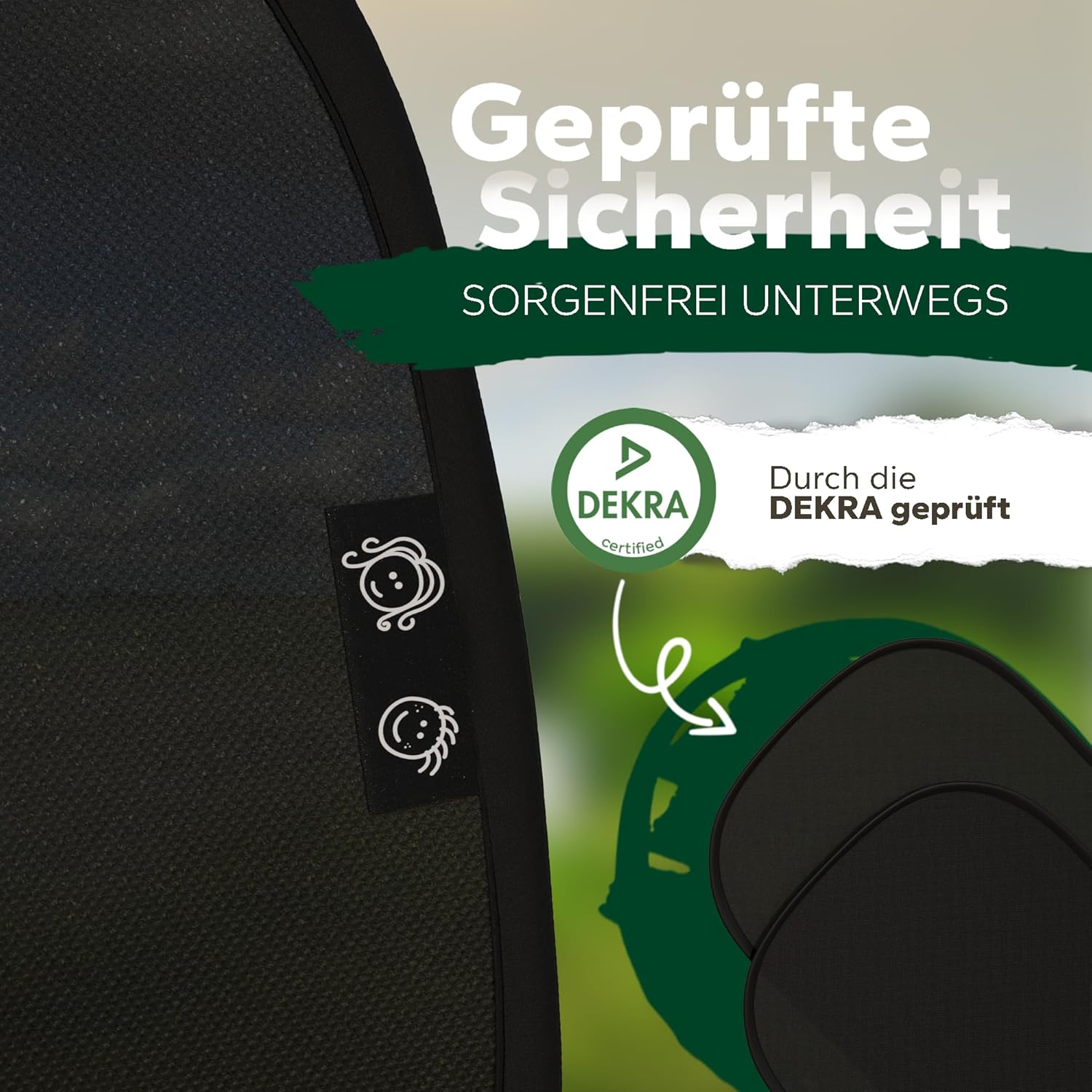 Sonnenschutz Auto Kinder UV-Schutz UPF50+ DEKRA geprueft KBA-zugelassen Nylon
