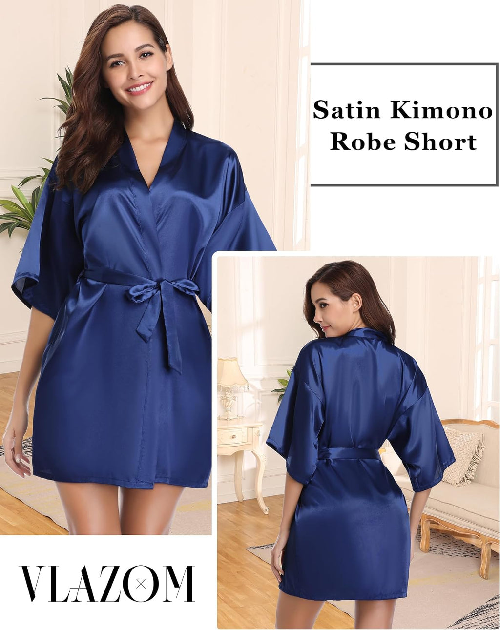 Vlazom Satin Kimono Damen kurz V‑Ausschnitt mit Guertel S-XXL