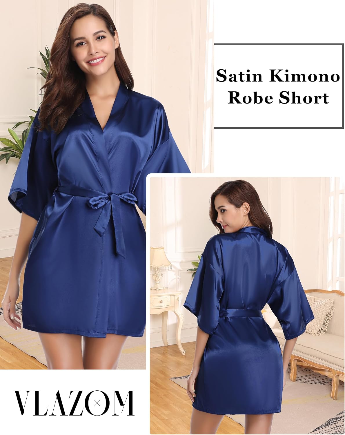 Vlazom Satin Kimono Damen kurz V‑Ausschnitt mit Guertel S-XXL