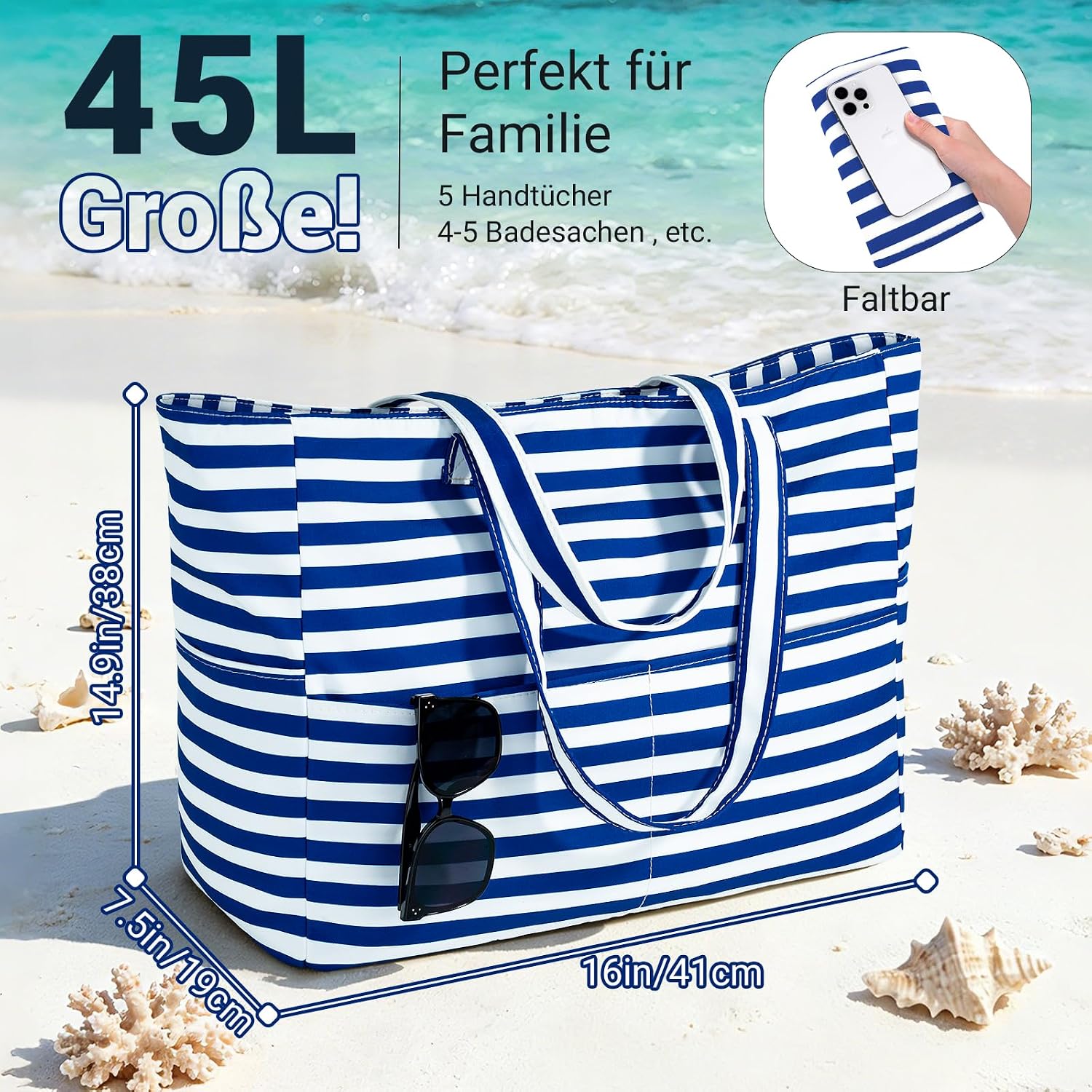Strandtasche XXL mit Reissverschluss Shopper faltbar Grosse Badetasche Reise