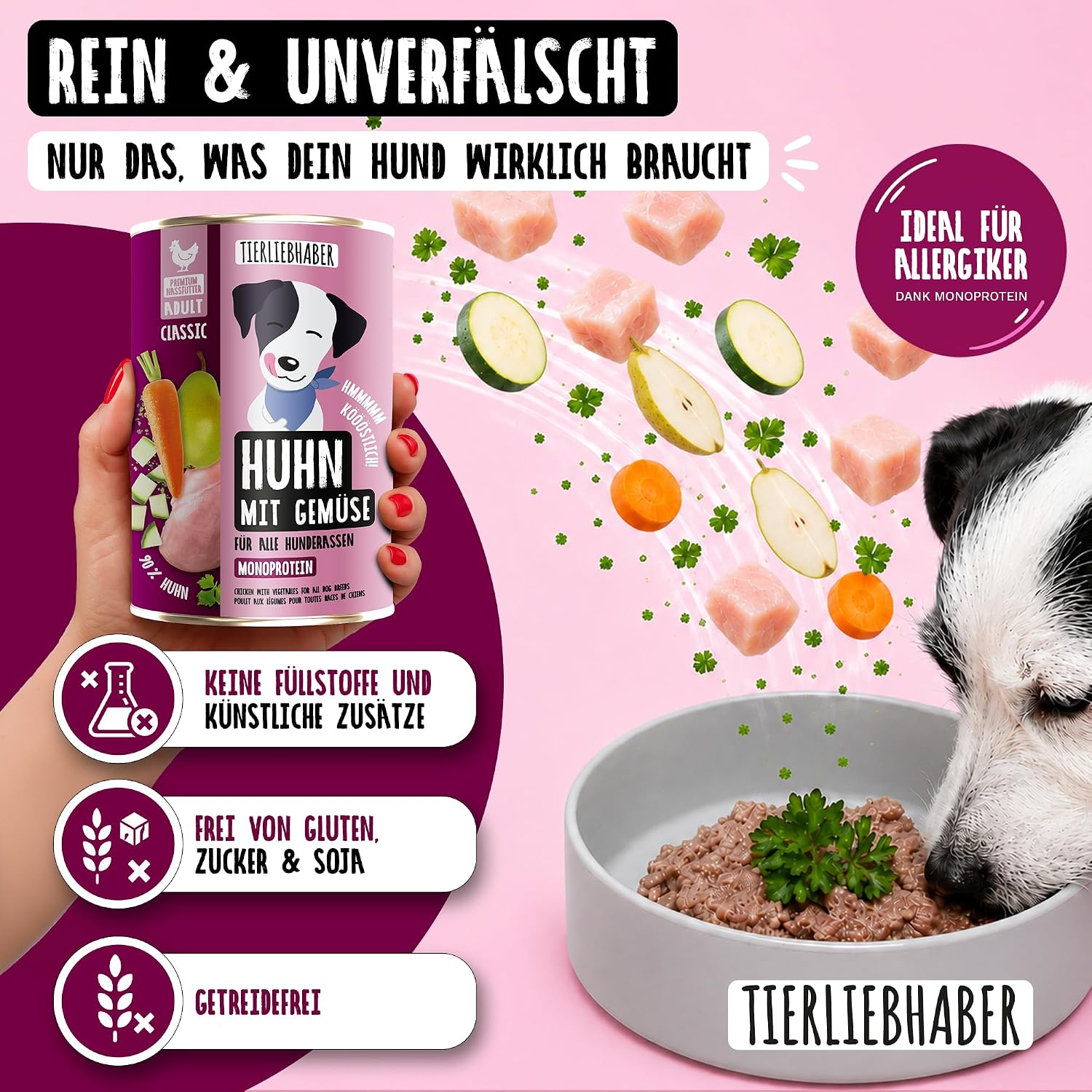 TIERLIEBHABER Nassfutter Huhn mit Gemuese 90% Fleisch Dose