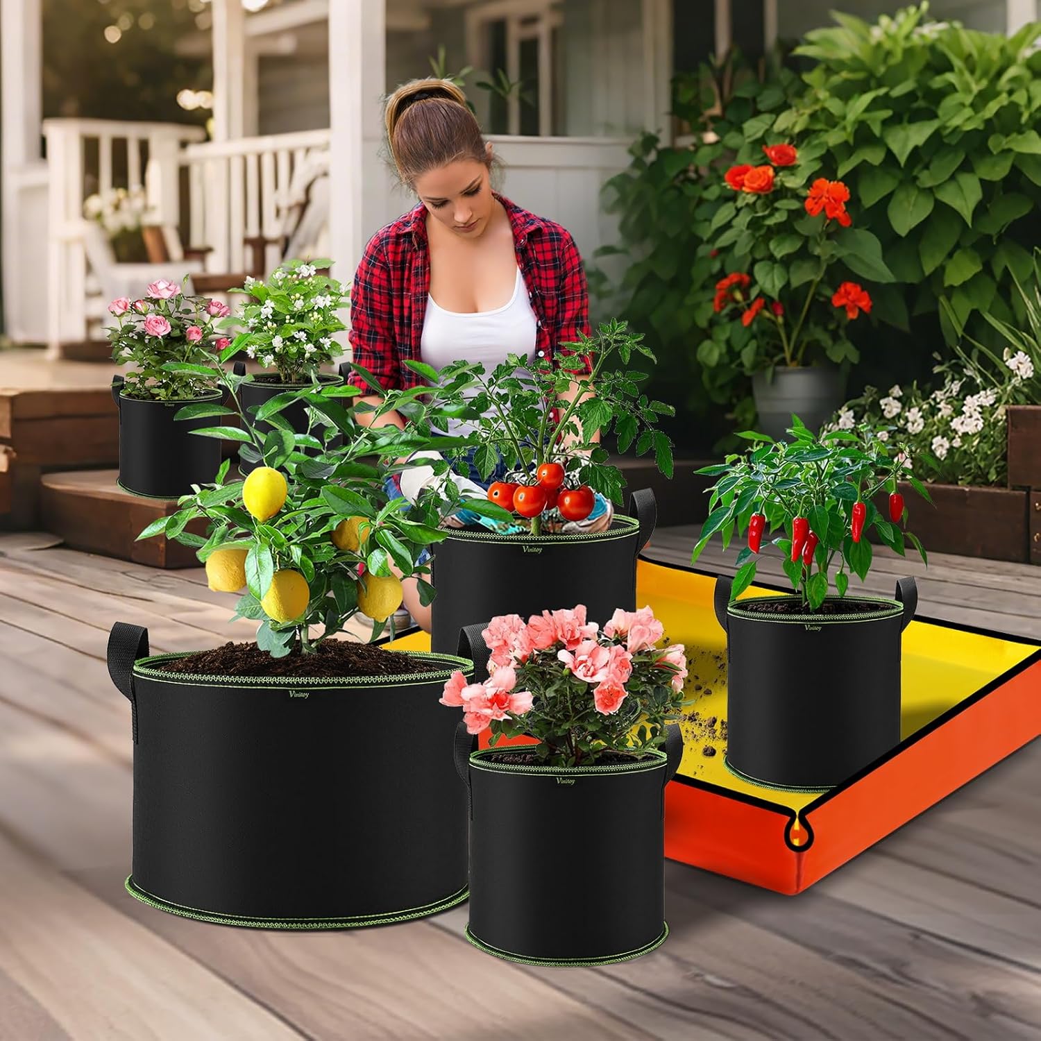 5er Set Stofftopf Vlies Grow Bag mit Griffen + 100×100 cm Pflanzmatte -6