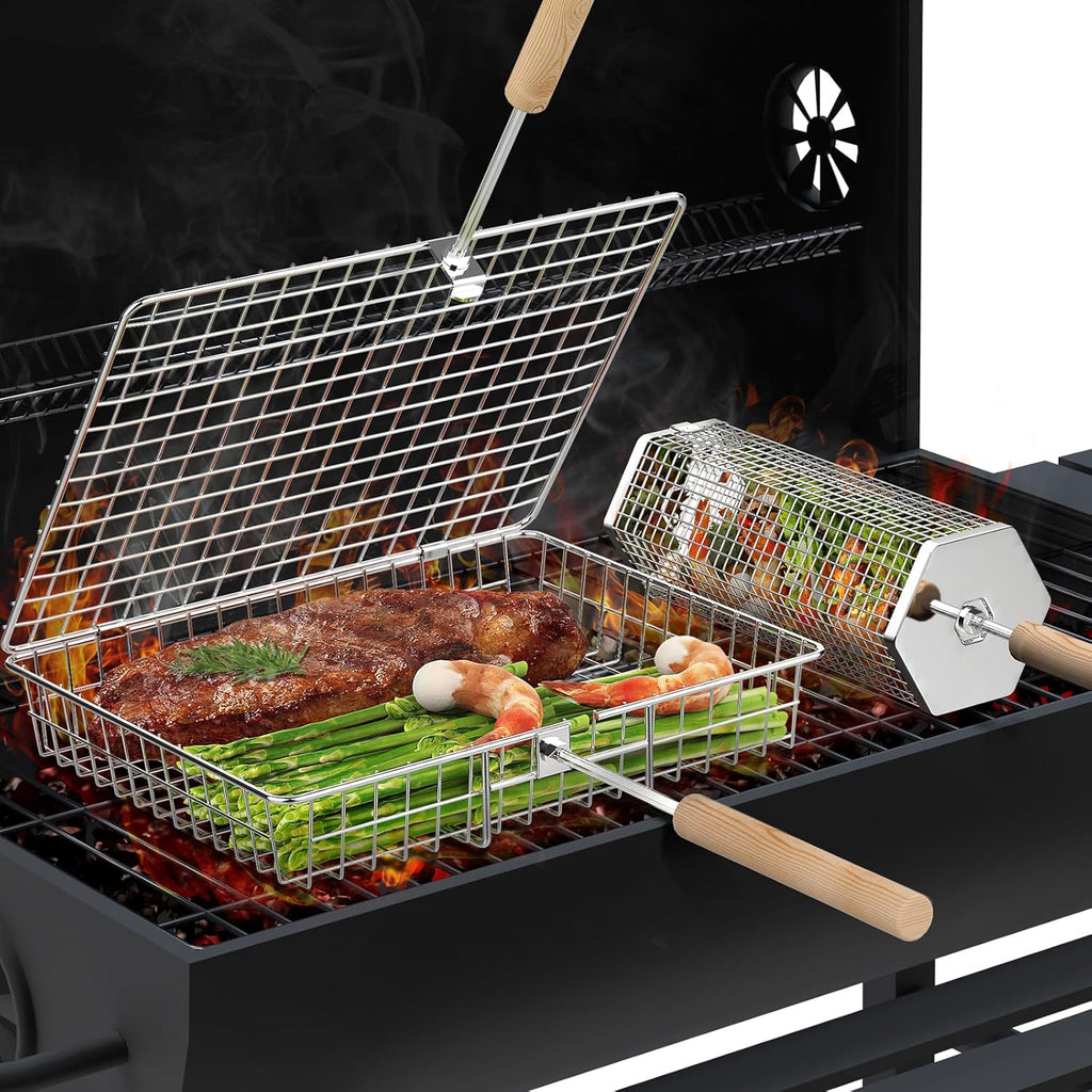Nestbar Grillkorb Edelstahl 304 mit abnehmbarem Holzgriff fuer Gemuese - Gasgrill
