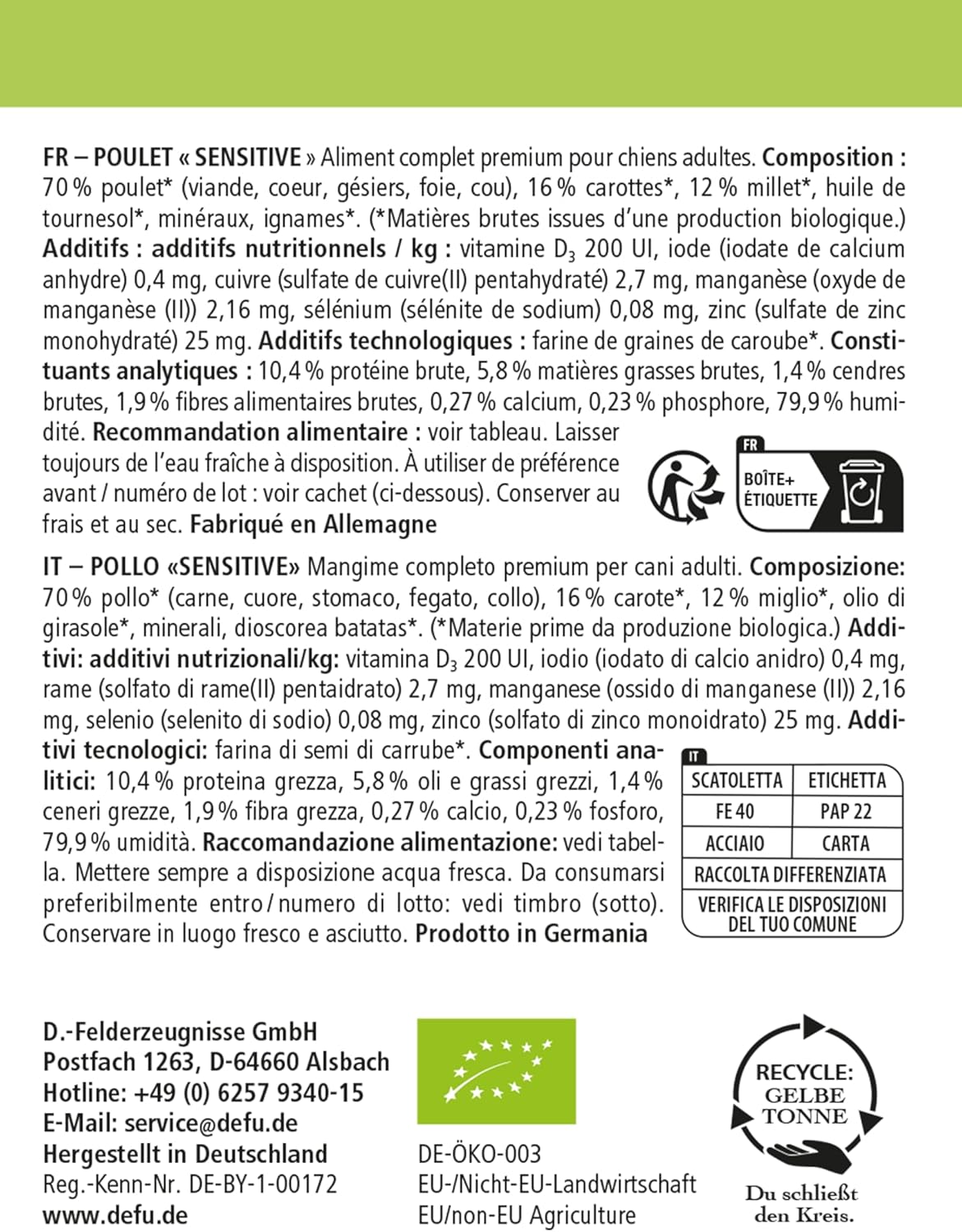 defu Bio Hundefutter Sensitiv Huhn Nassfutter Menues 12x410g verschiede
