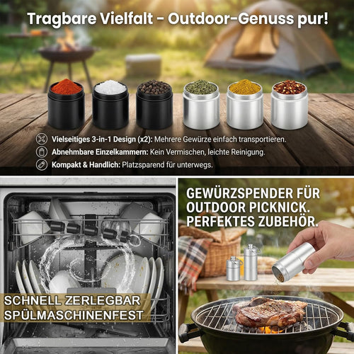 2er Set Gewuerzstreuer Aluminium 3-in-1 wasserdicht - Mini Gewuerzglaeser