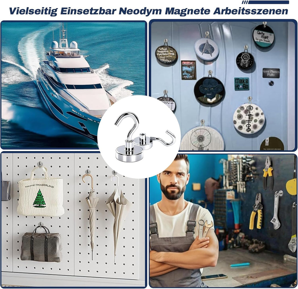 10x Neodym Magnethaken 20x33 mm 15 kg Tragkraft - stark, abnehmbar, ohne Bohren