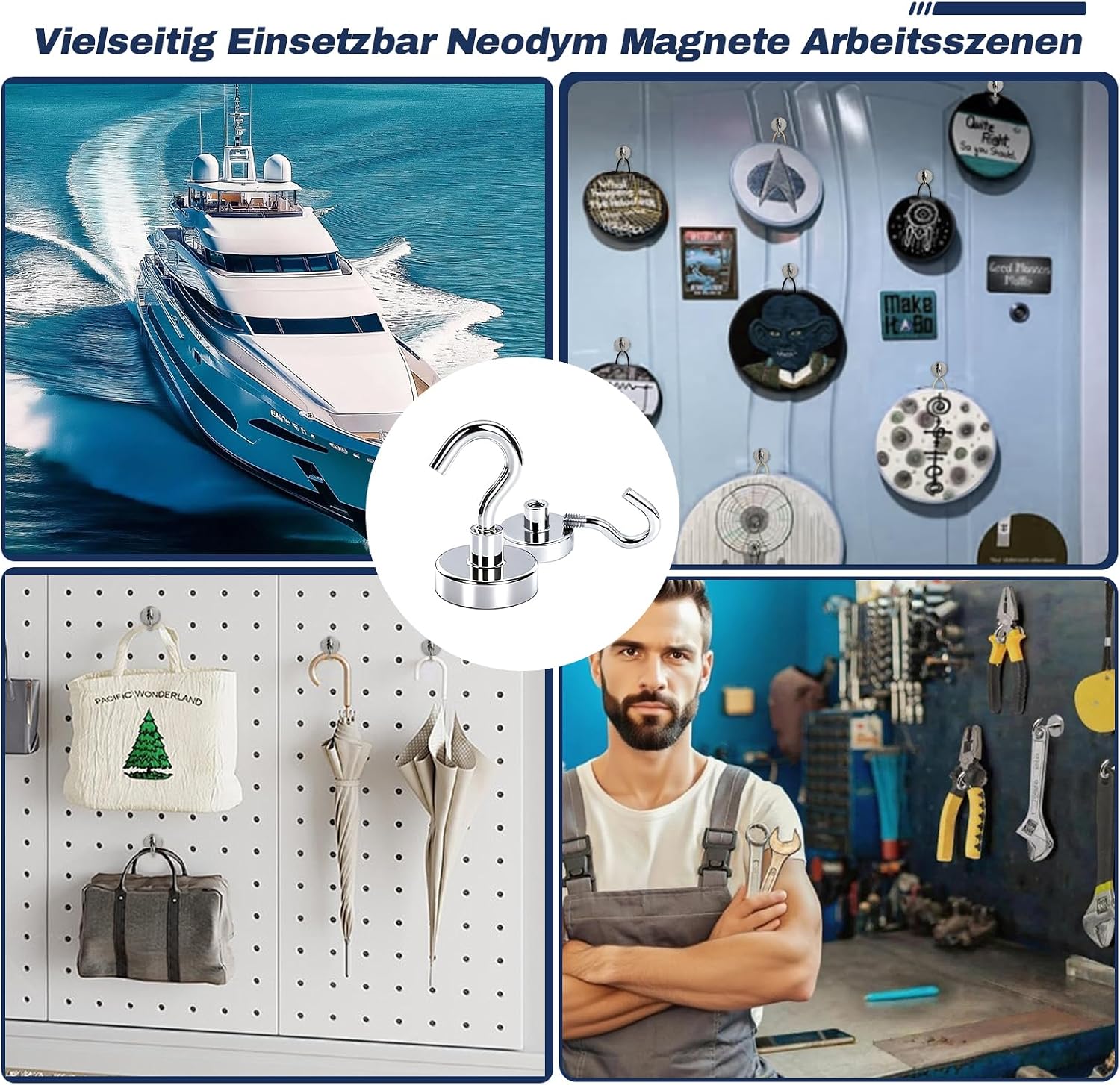 10x Neodym Magnethaken 20x33 mm 15 kg Tragkraft - stark, abnehmbar, ohne Bohren