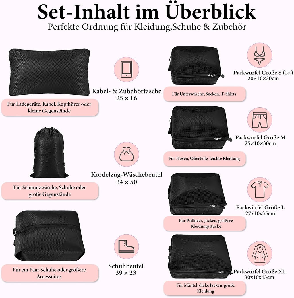 Koffer Organizer Set 8-teilig Kompressions Packing Cubes Reisegepaeck