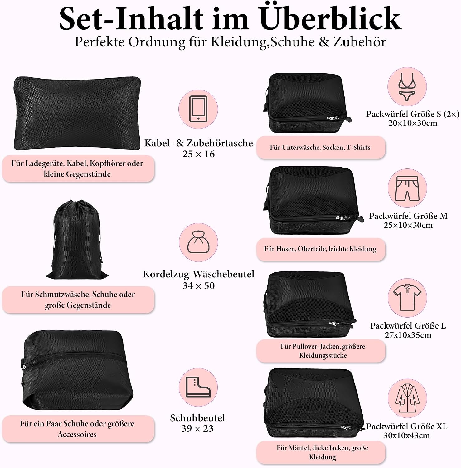 Koffer Organizer Set 8-teilig Kompressions Packing Cubes Reisegepaeck