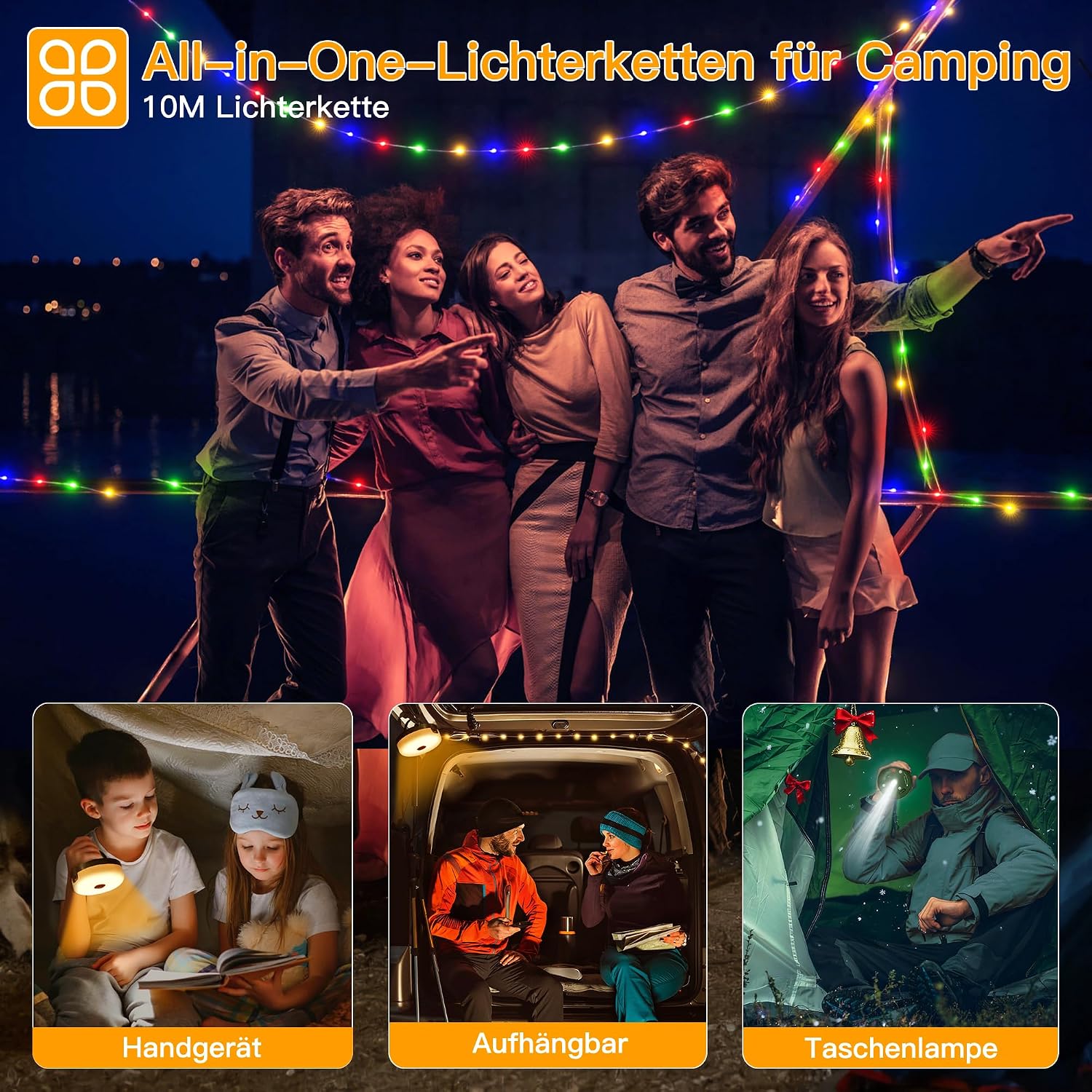 Ollny Camping Lichterkette 10m Aufrollbar Wiederaufladbar 8 Modi Dimmbar