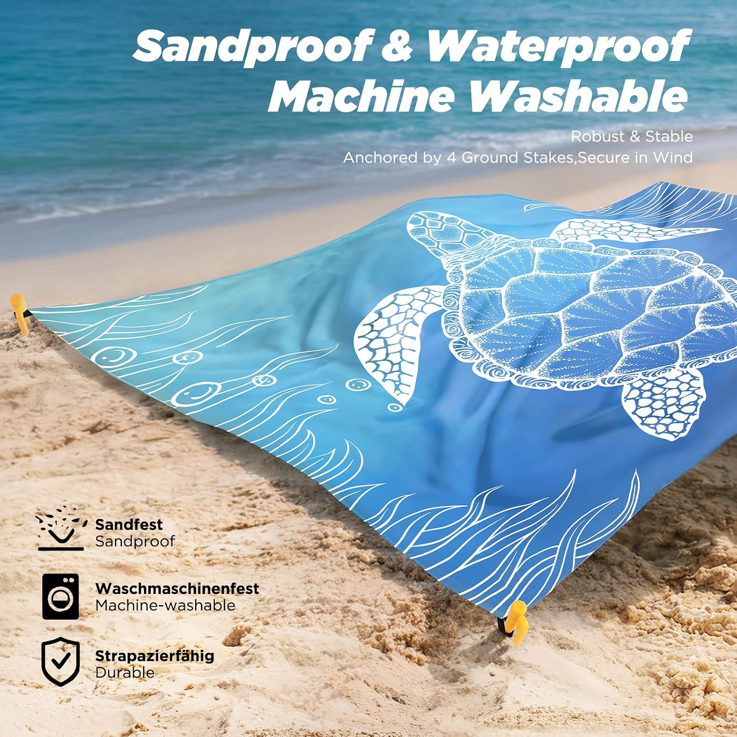 Siegvoll Stranddecke 200x140 cm sandfrei wasserdicht ultraleicht mit 4 Heringen