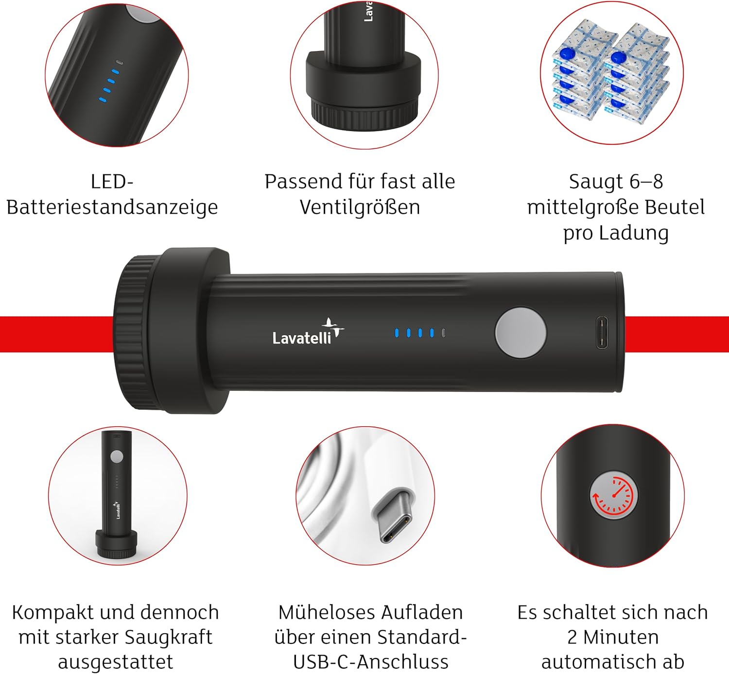 Lavatelli VAC-U-PUMP elektrische Vakuumpumpe USB-C kompakt 45cm-90cm