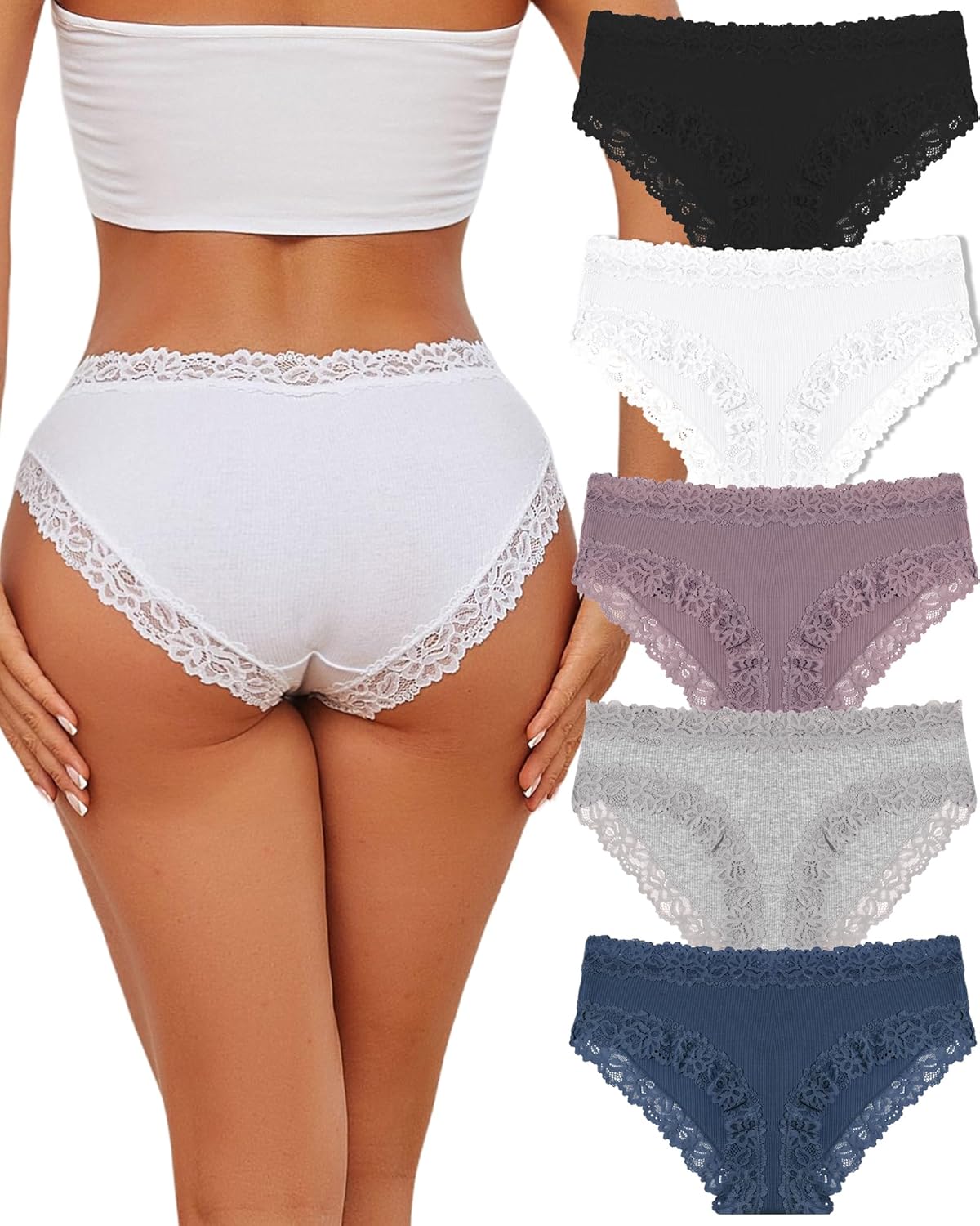 FINETOO Damen Hipster 5er Pack Baumwolle Spitze Slip Unterhose XS-3XL
