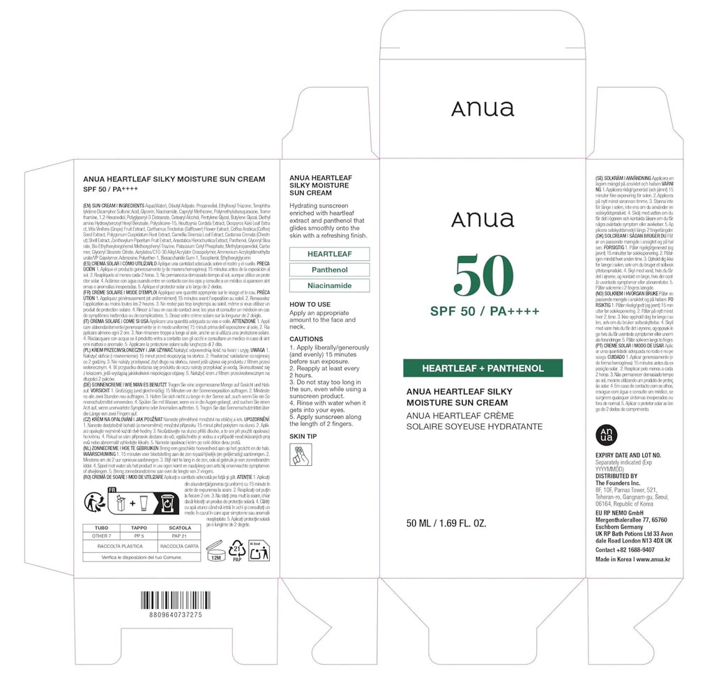 ANUA Heartleaf Seidige Feuchtigkeits-Sonnencreme SPF50 PA++++ 50ml Niacinamid