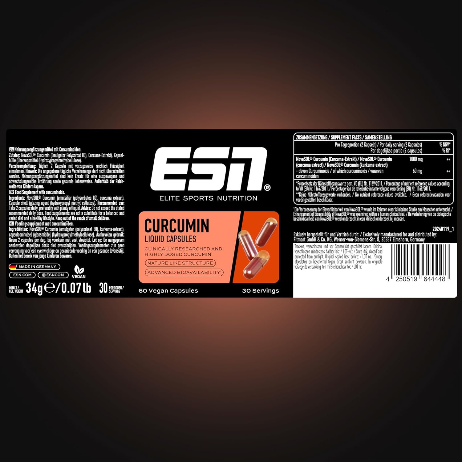 ESN Kurkuma Kapseln 60 Stk 1000 mg Curcumin NovaSOL vegan