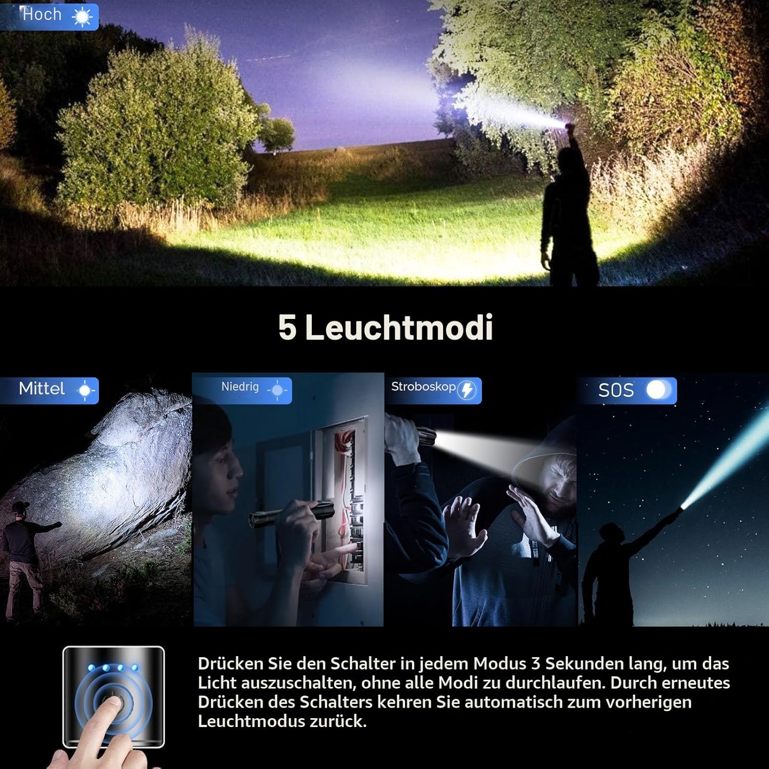 Blukar LED Taschenlampe 2000 lm zoombar, aufladbar, 5 Modi, IPX6