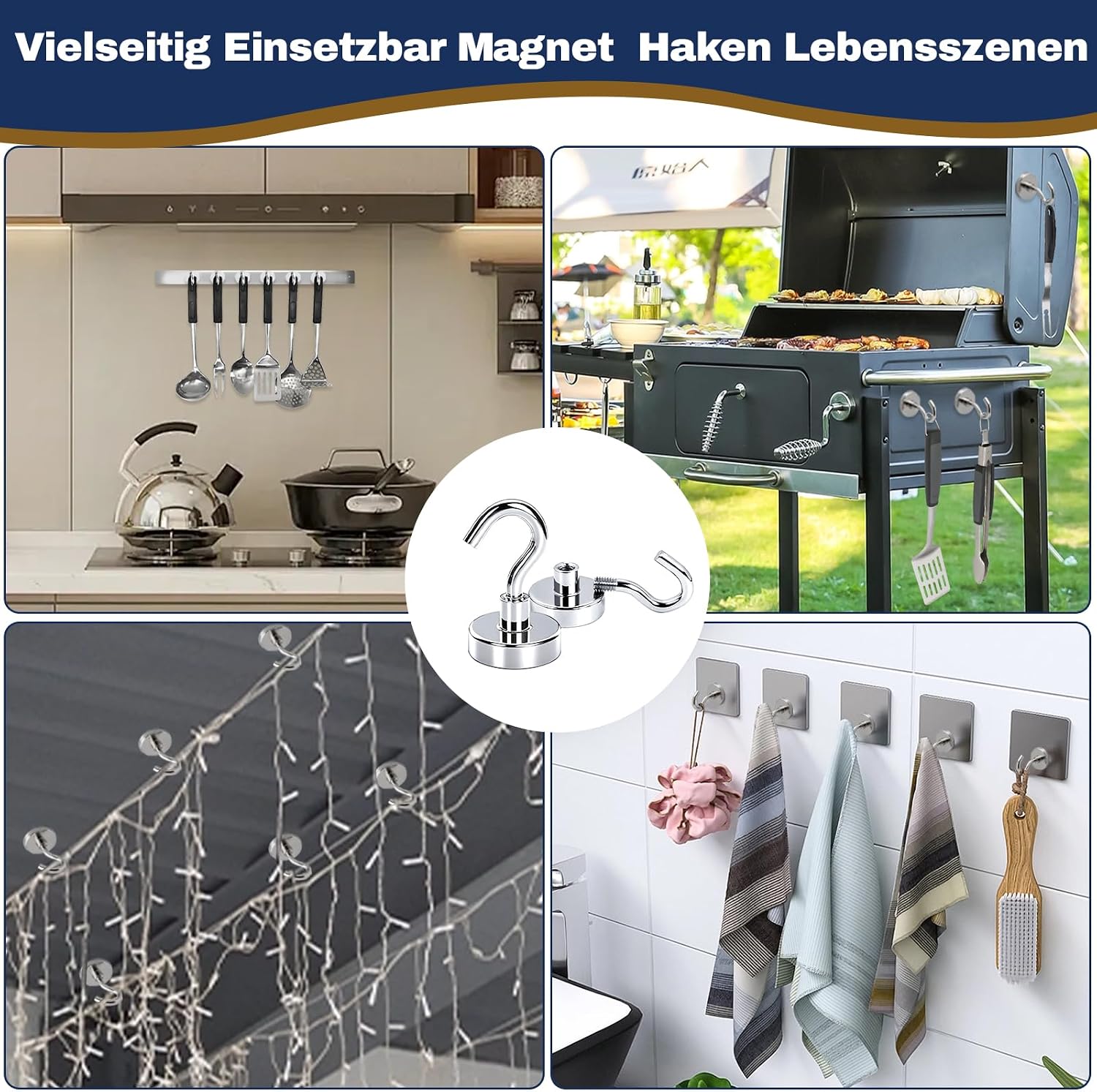 10x Neodym Magnethaken 20x33 mm 15 kg Tragkraft - stark, abnehmbar, ohne Bohren