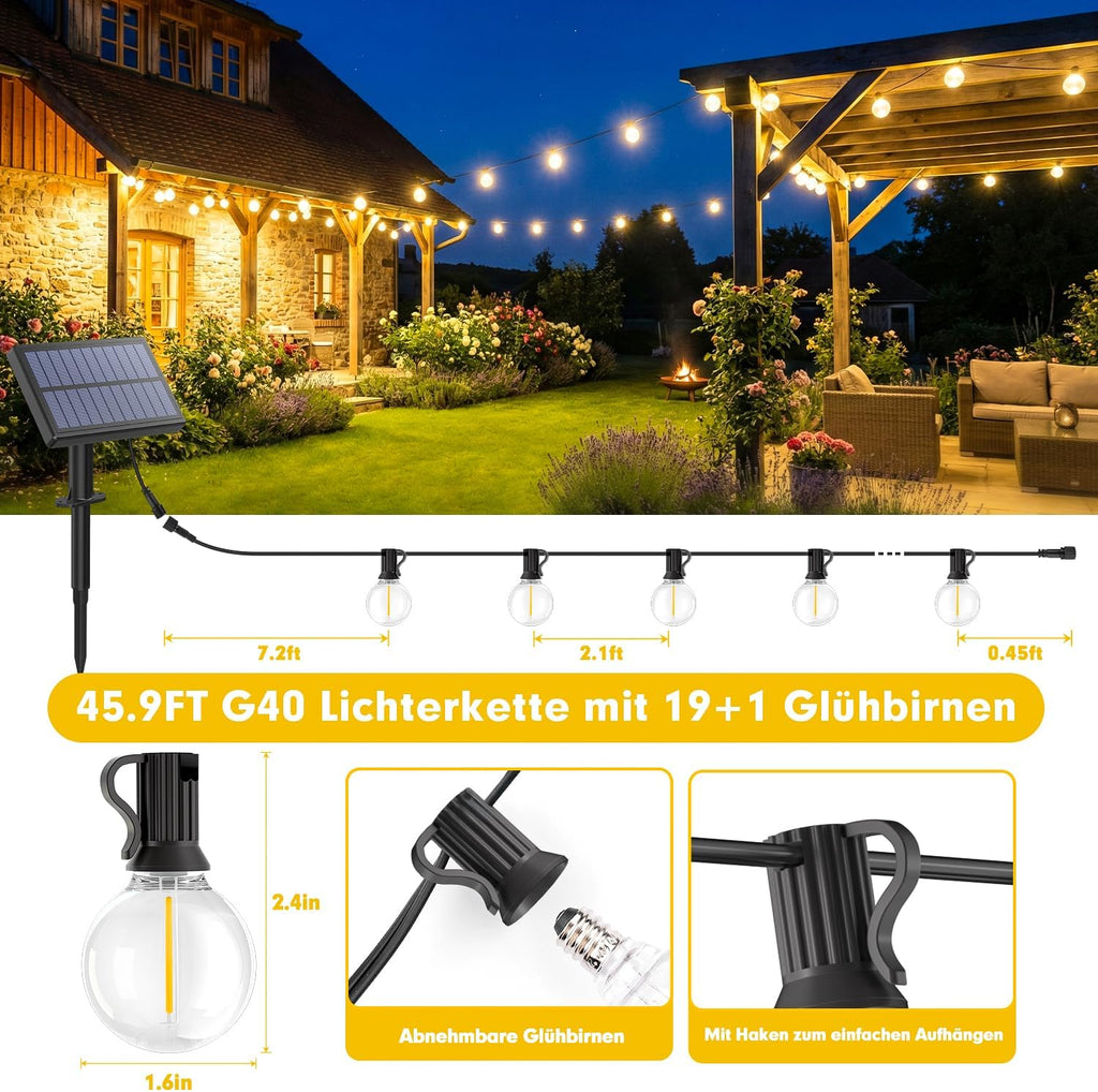 Warlisou Solar Lichterkette G40 14m mit Fernbedienung wetterfest fuer Garten