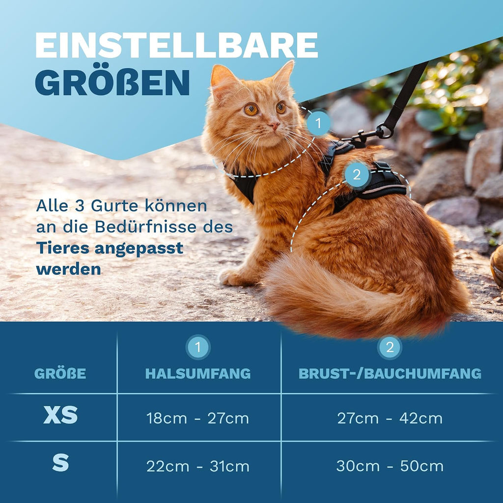 Katzengeschirr verstellbar mit Leine XS-S Schwarz Ausbruchsicher Spaziergang