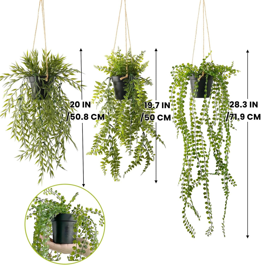 YVONNEYI 3er Set kuenstliche Haengepflanzen im schwarzen Topf 50 cm fuer Balkon Woh