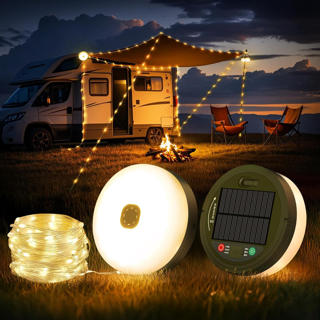 10 m Solar USB Camping Lichterkette aufrollbar, 3‑in‑1, 8 Modi, wasserdicht