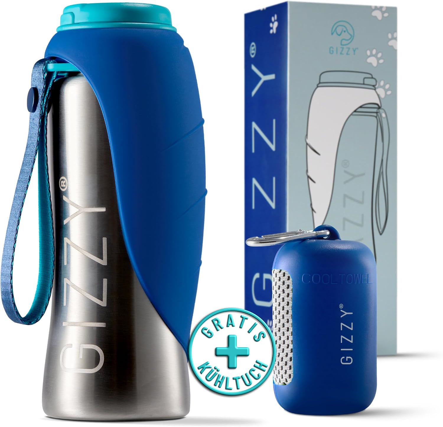 GIZZY Trinkflasche fuer Hunde Edelstahl auslaufsicher mit Handtuch