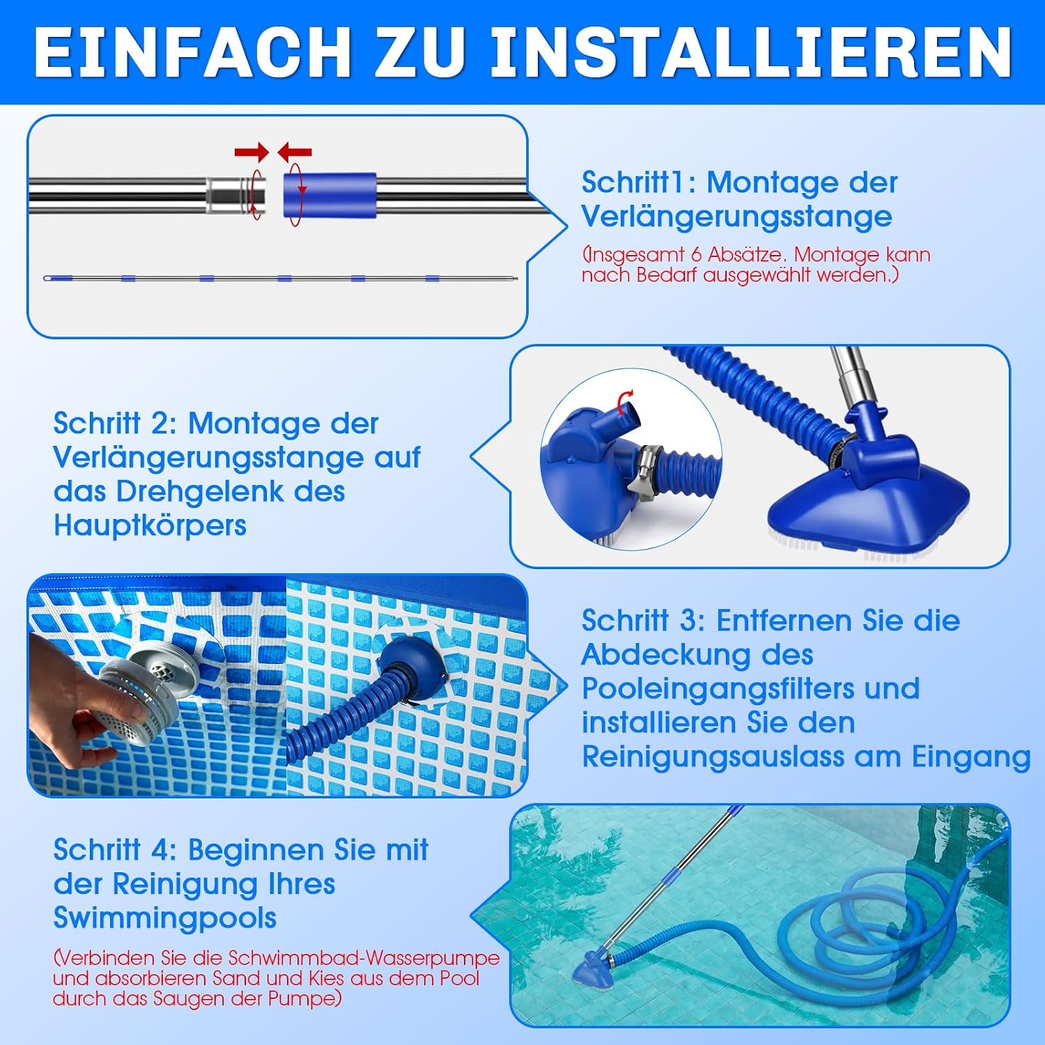 Kabelloser Poolsauger Handheld mit Teleskopstange und Schlauch, starke Saugleist