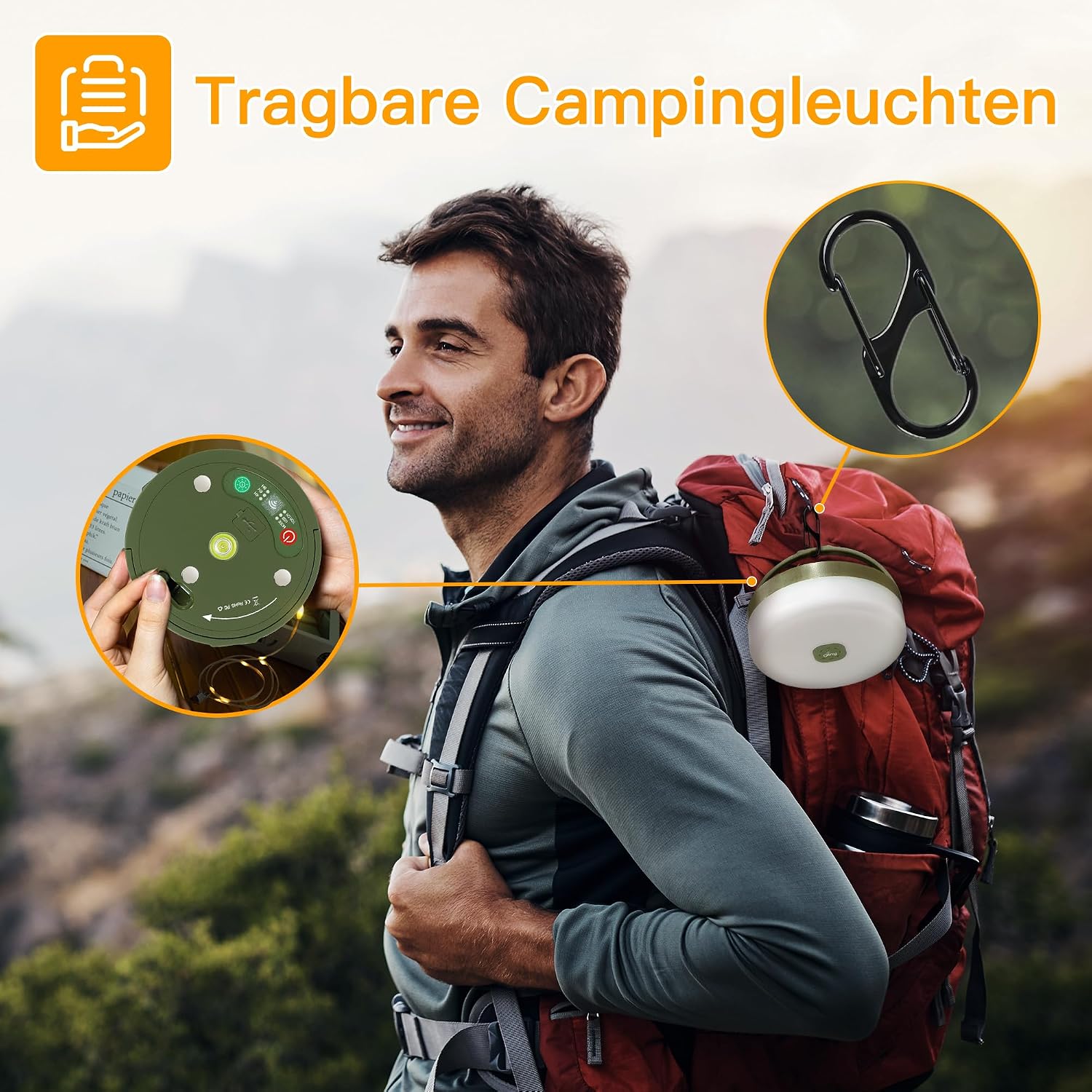 Ollny Camping Lichterkette 10m Aufrollbar Wiederaufladbar 8 Modi Dimmbar