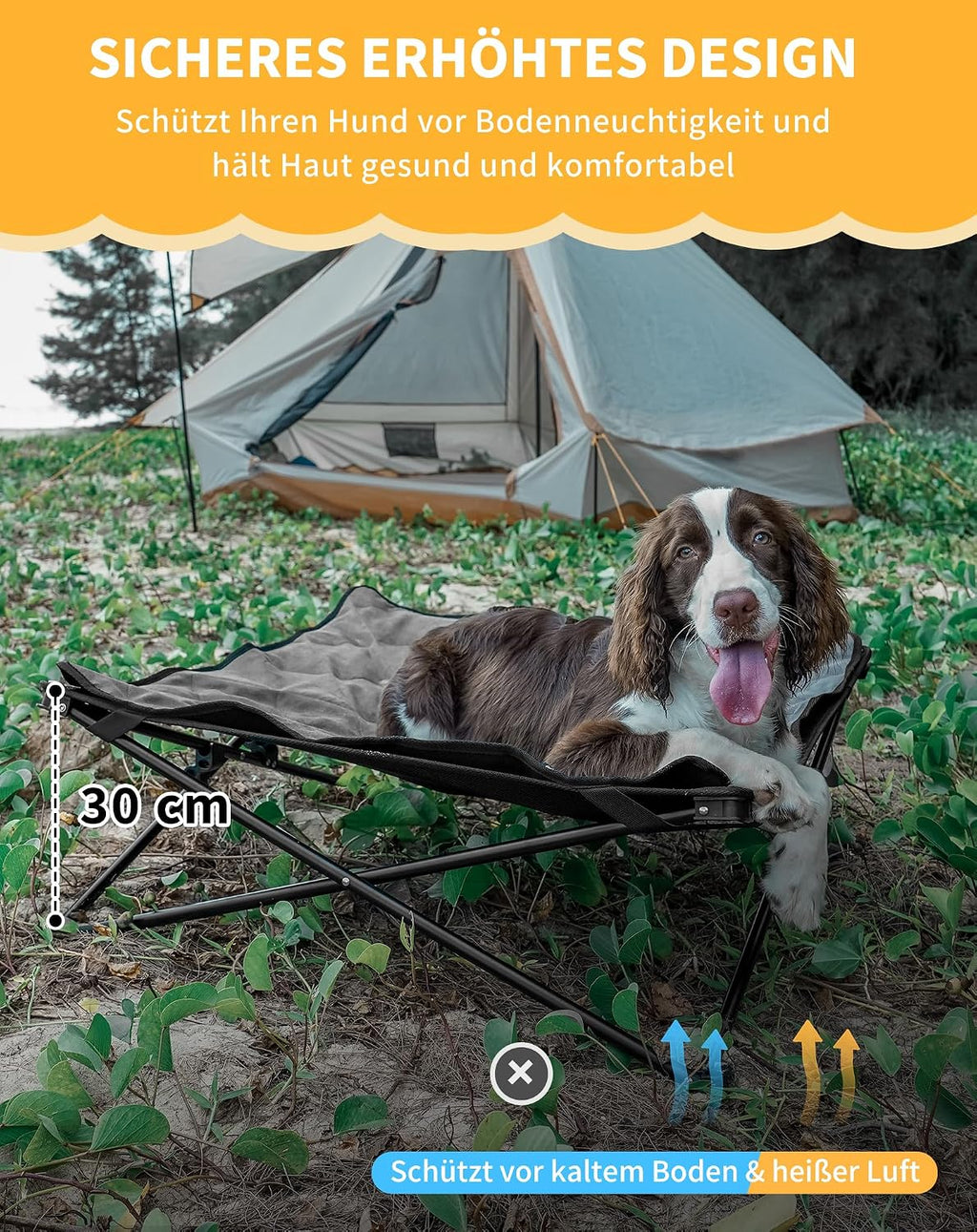KingCamp erhoehtes Hundebett 77x77x30 cm mit Mesh Wildledermatte rutschfest 23cm