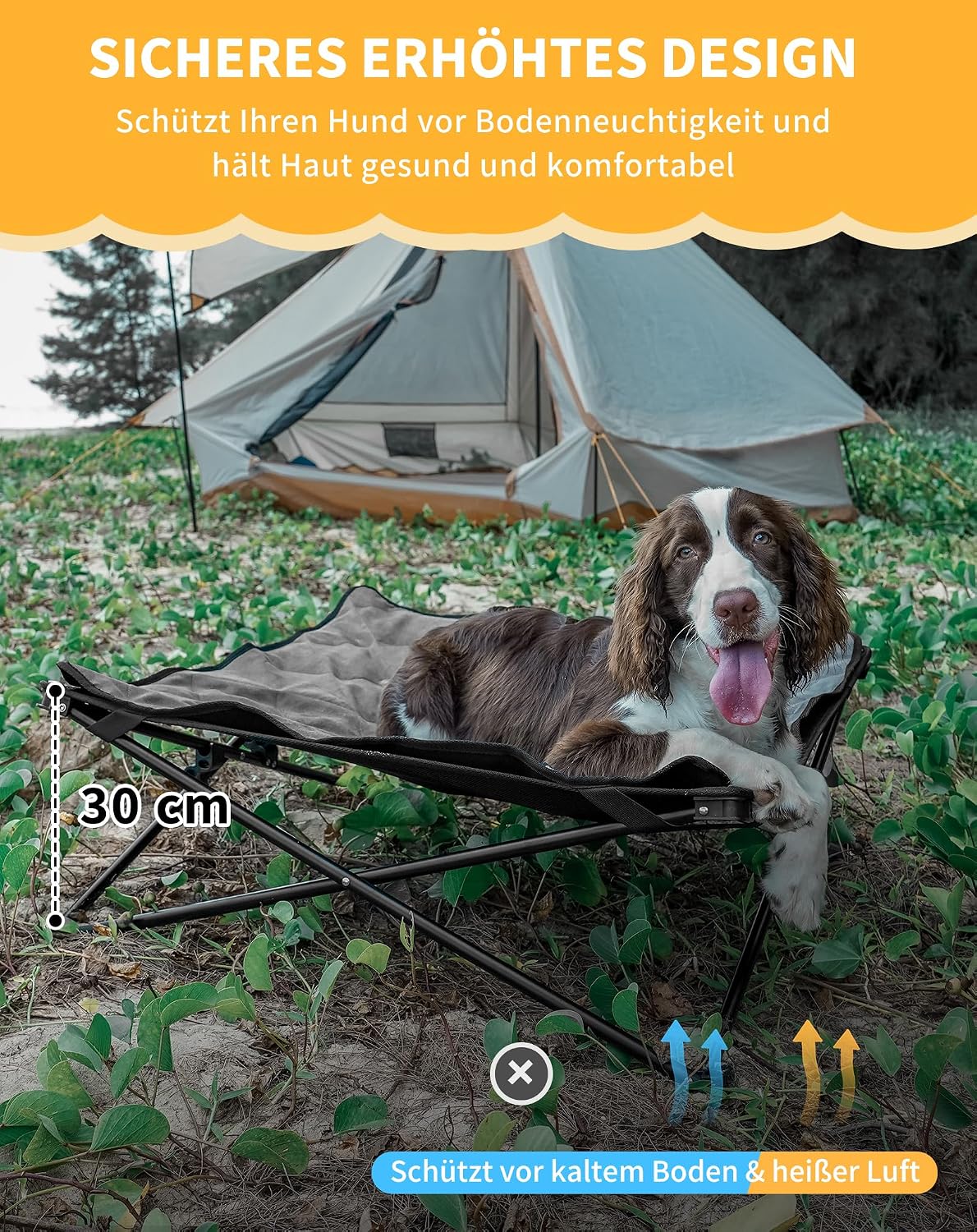 KingCamp erhoehtes Hundebett 77x77x30 cm mit Mesh Wildledermatte rutschfest 23cm