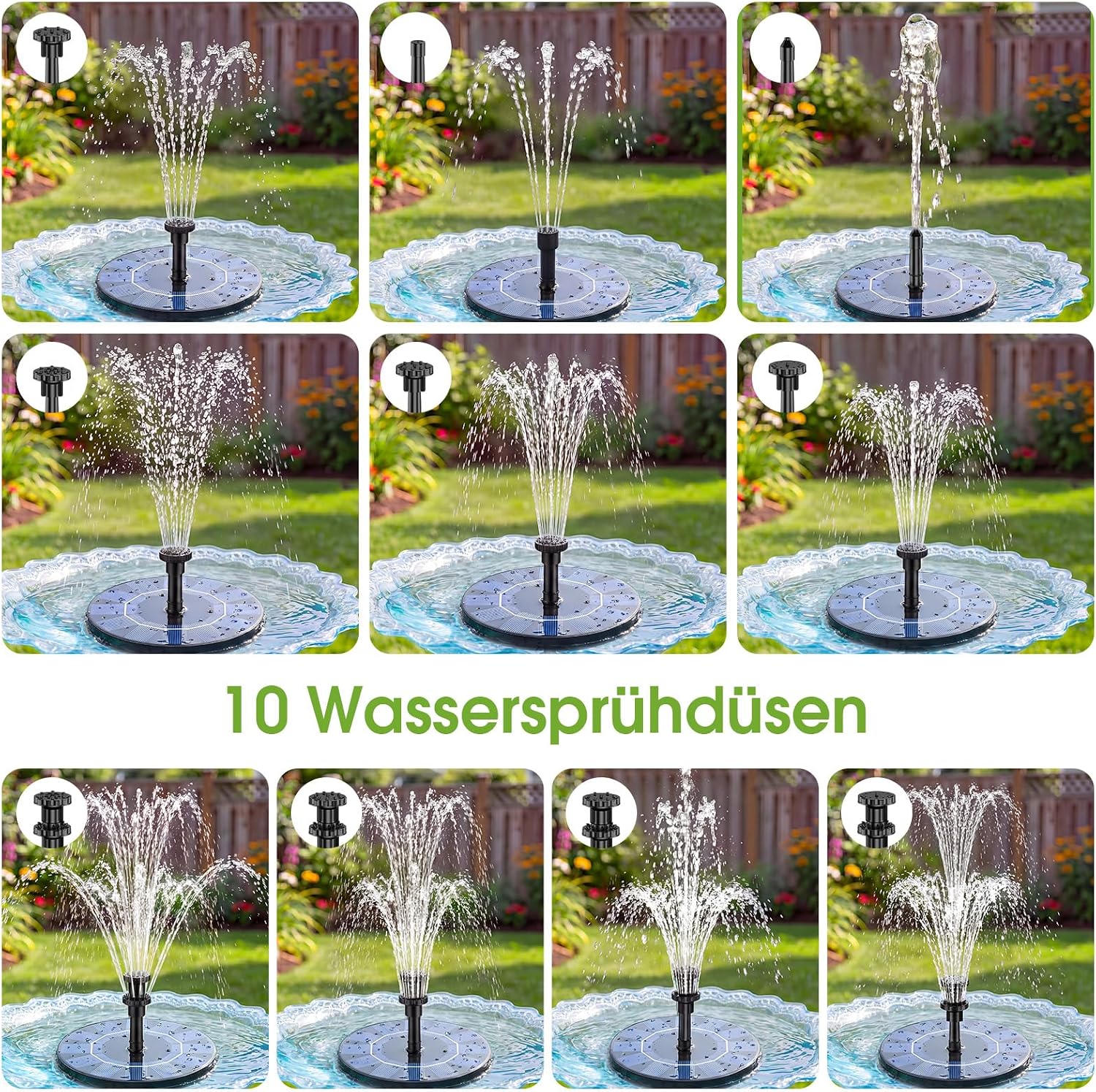 AISITIN Solarbrunnen 6 Sprueh‑Effekte schwimmende Teichpumpe 160mm-182mm