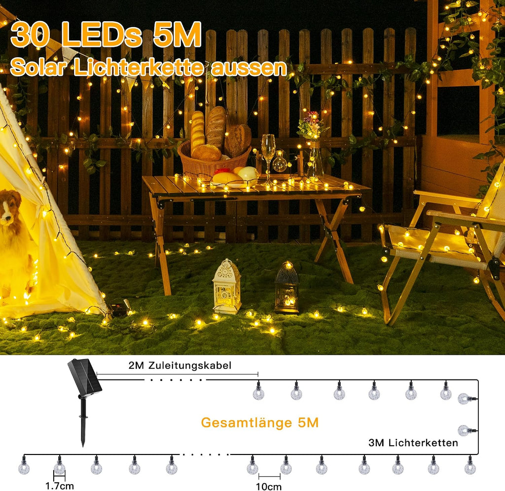 Ollny Solar Lichterkette Aussen 5 m 30 LED IP65 warmweiss 8 Modi fuer Garten